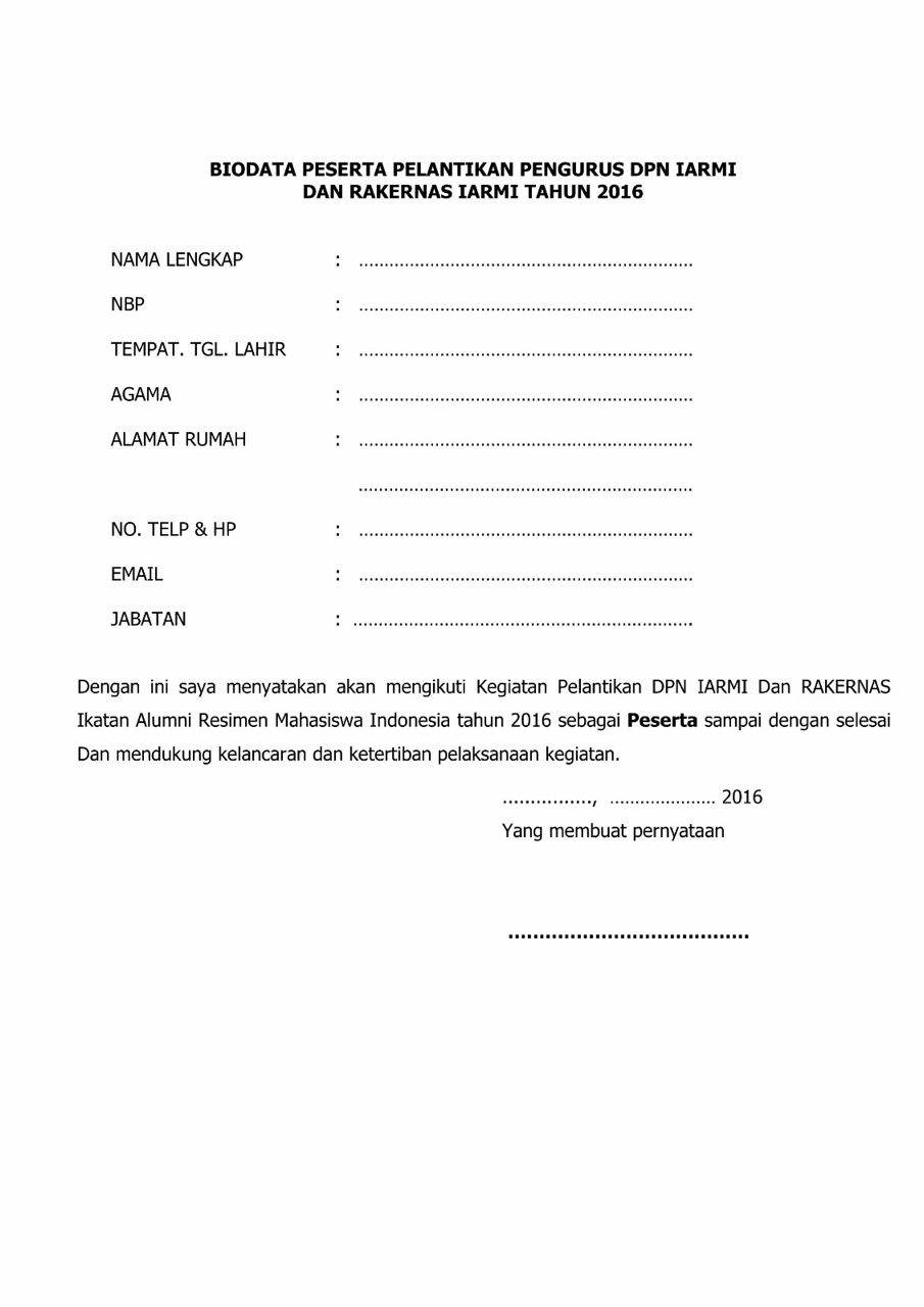 formulir biodata peserta rakernas 2016